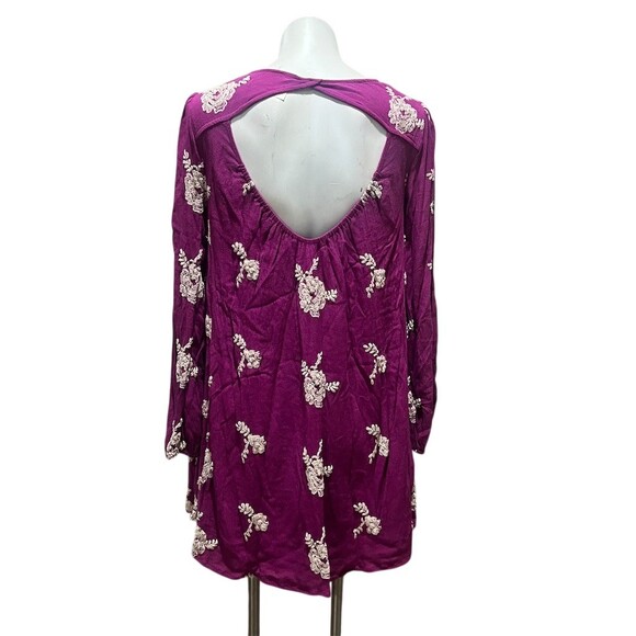 Free People Dress Womens M Purple Floral Embroidered Swing Mini Open Back - Picture 2 of 8